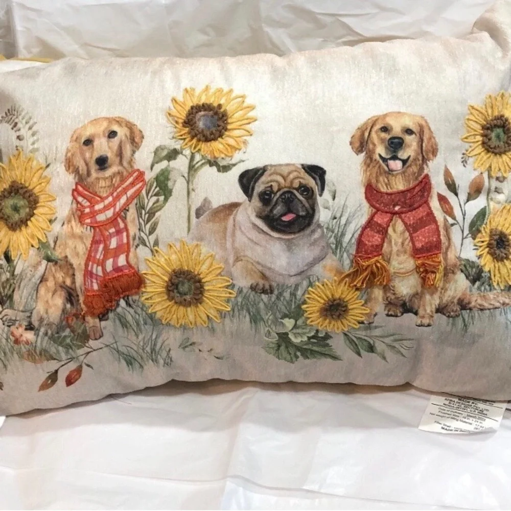 Super cute trio of puppies‎ dogs fringed decor pillow new